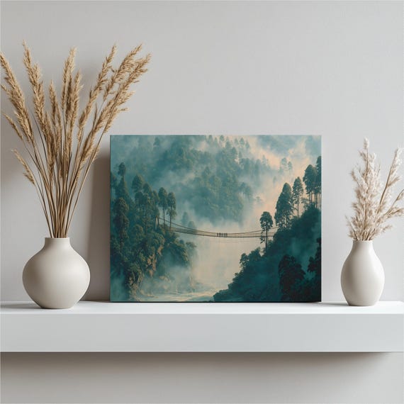 Misty Suspension Bridge Canvas Wall Art Foggy Forest Landscape Print River Gorge Modern Nature Painting Mountain Hikers Gift Decor