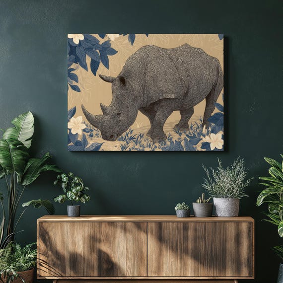 Rhino Floral Jungle Canvas Wall Art Modern Engraving Style Blue And Beige Tones Rhinoceros Illustration Wildlife Print Contemporary Nature