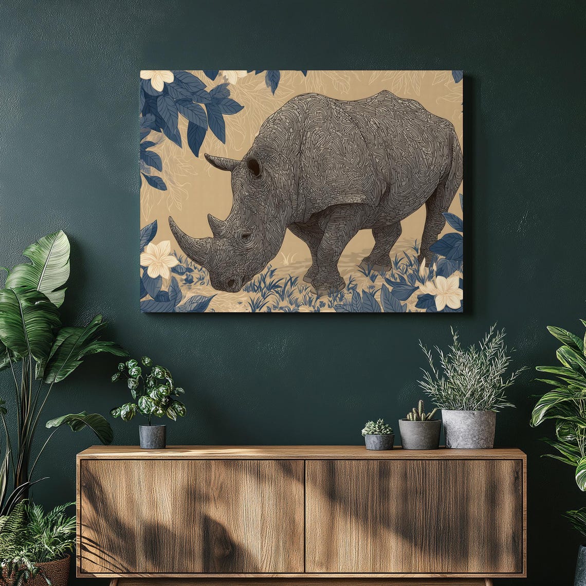 Majestic Rhinoceros Engraving Style Blue Floral Jungle Poster