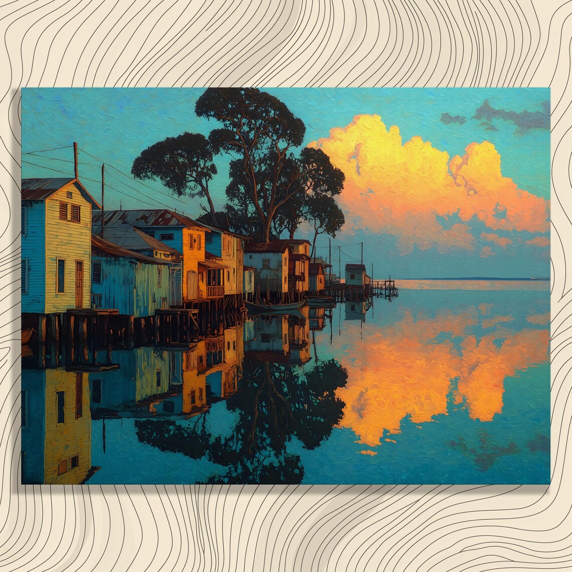 Sunset Lake Houses Tropical Seaside Village Water Reflection Art Poster
