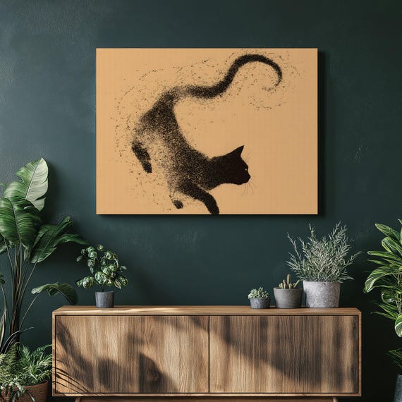 Striking Black Cat Canvas Wall Art Minimalist Pointillism Silhouette Print Modern Neutral Decor Particle Style Feline Artwork