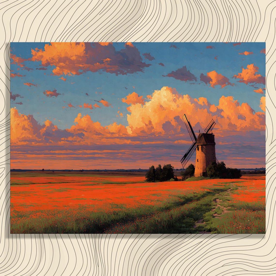 Windmill Over Red Poppy Field At Rural Glowing Sunset Art Poster