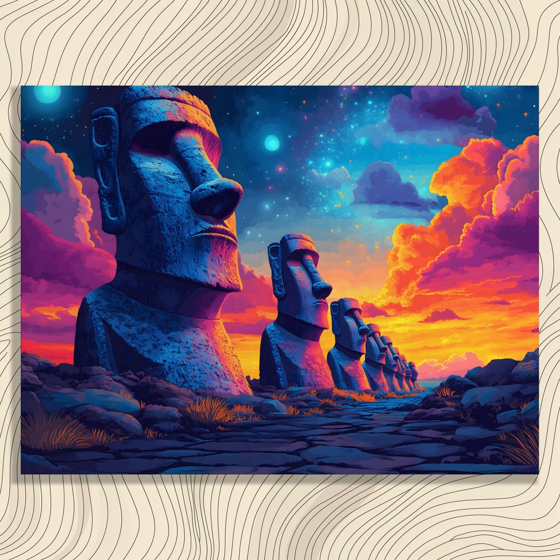 Easter Island Moai Statues Neon Sunset Starry Night Sky Art Poster
