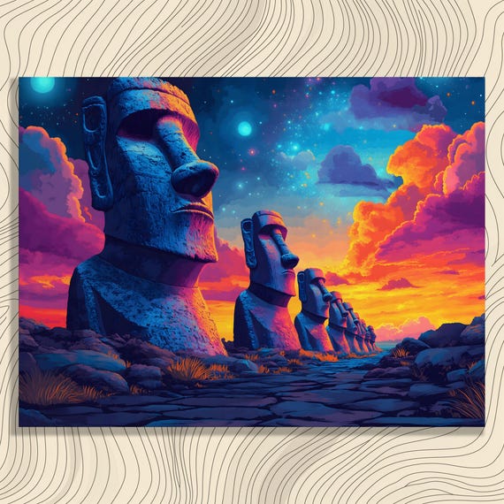 Easter Island Canvas Wall Art Colorful Surreal Moai Statues Under Starry Sky Landscape Sunset Print Travel Gift Decor Adventure