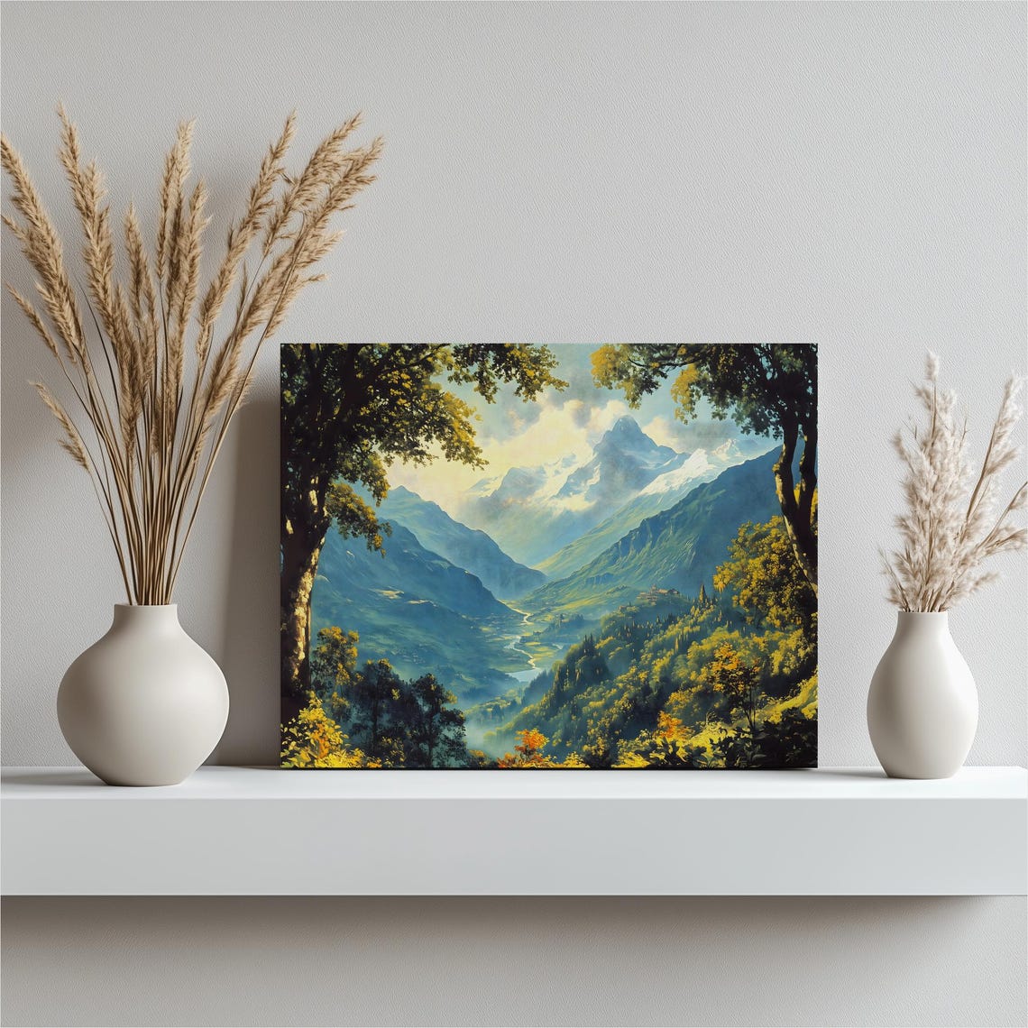 Himalayan Mountain Valley River Landscape Painterly Nature Wall Art