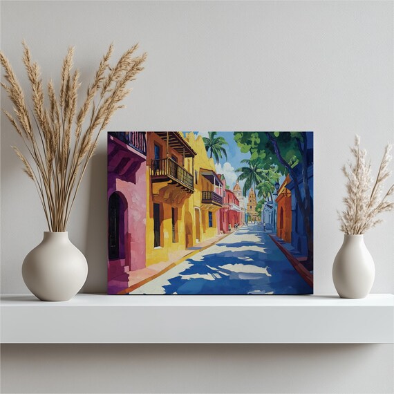 Colorful Colonial Street Palm Trees Sunny Old Town Art Poster