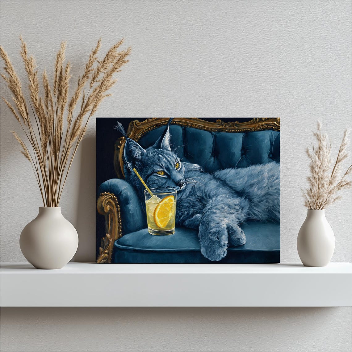 Blue Long Haired Cat Lounging On Velvet Sofa Lemonade Art Print