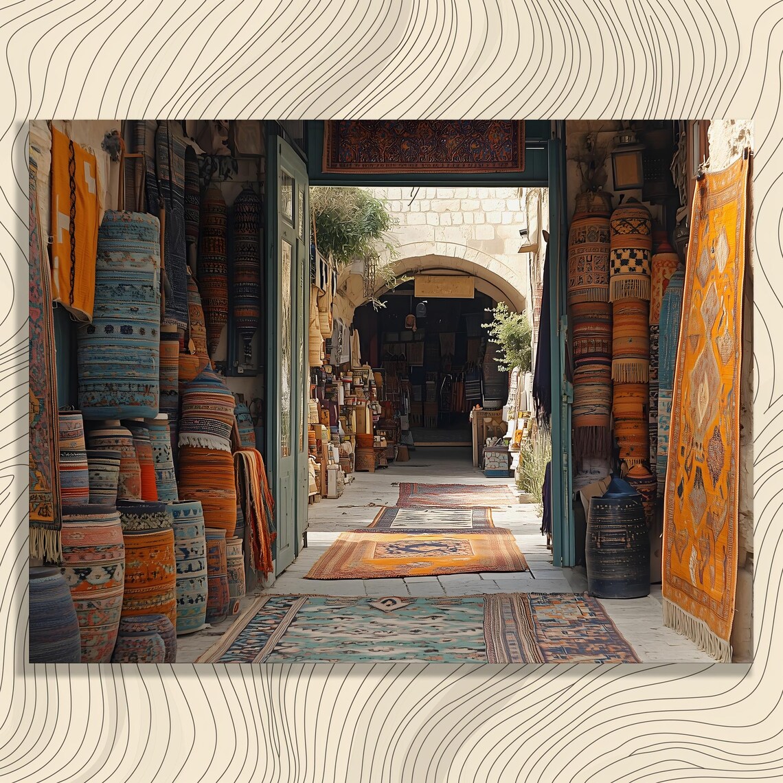 Vibrant Bazaar Rug Market Colorful Alley Travel Scene Art Poster