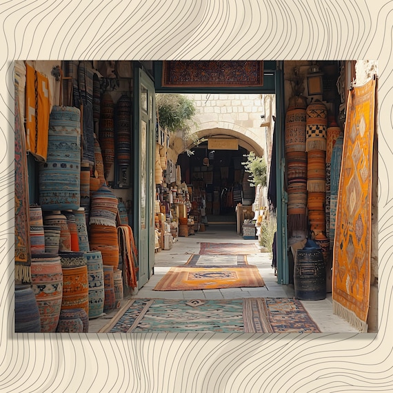 Vibrant Bazaar Rug Market Colorful Alley Travel Scene Art Poster