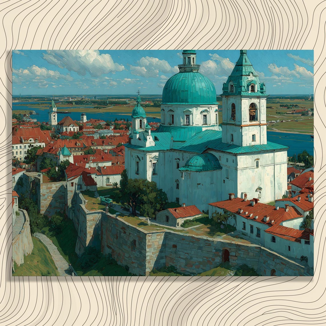 Historic European Cathedral Cityscape River Oil Painting Poster