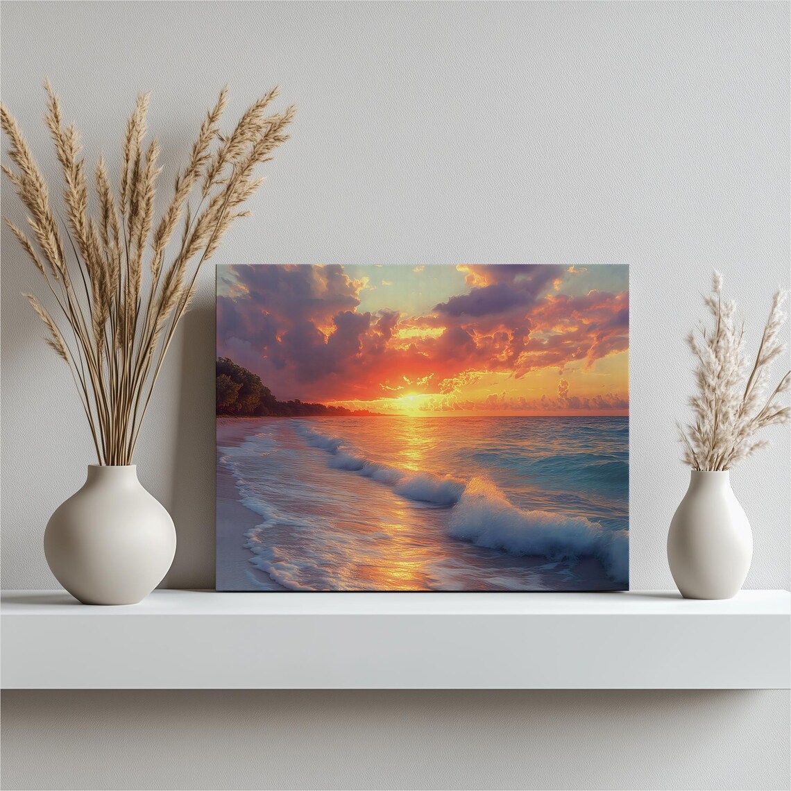 Tropical Beach Sunset Golden Shoreline Waves Peaceful Ocean Canvas Poster