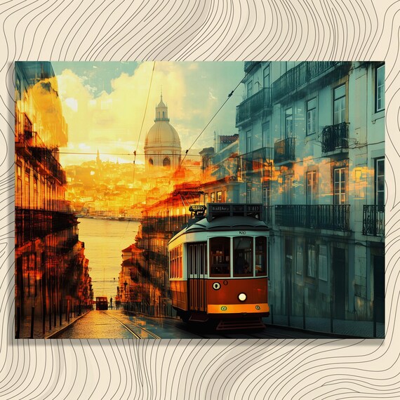 Vibrant Cityscape Tram Canvas Wall Art Sunrise And Sunset Public Transport Painting Historic Buildings Urban Architecture