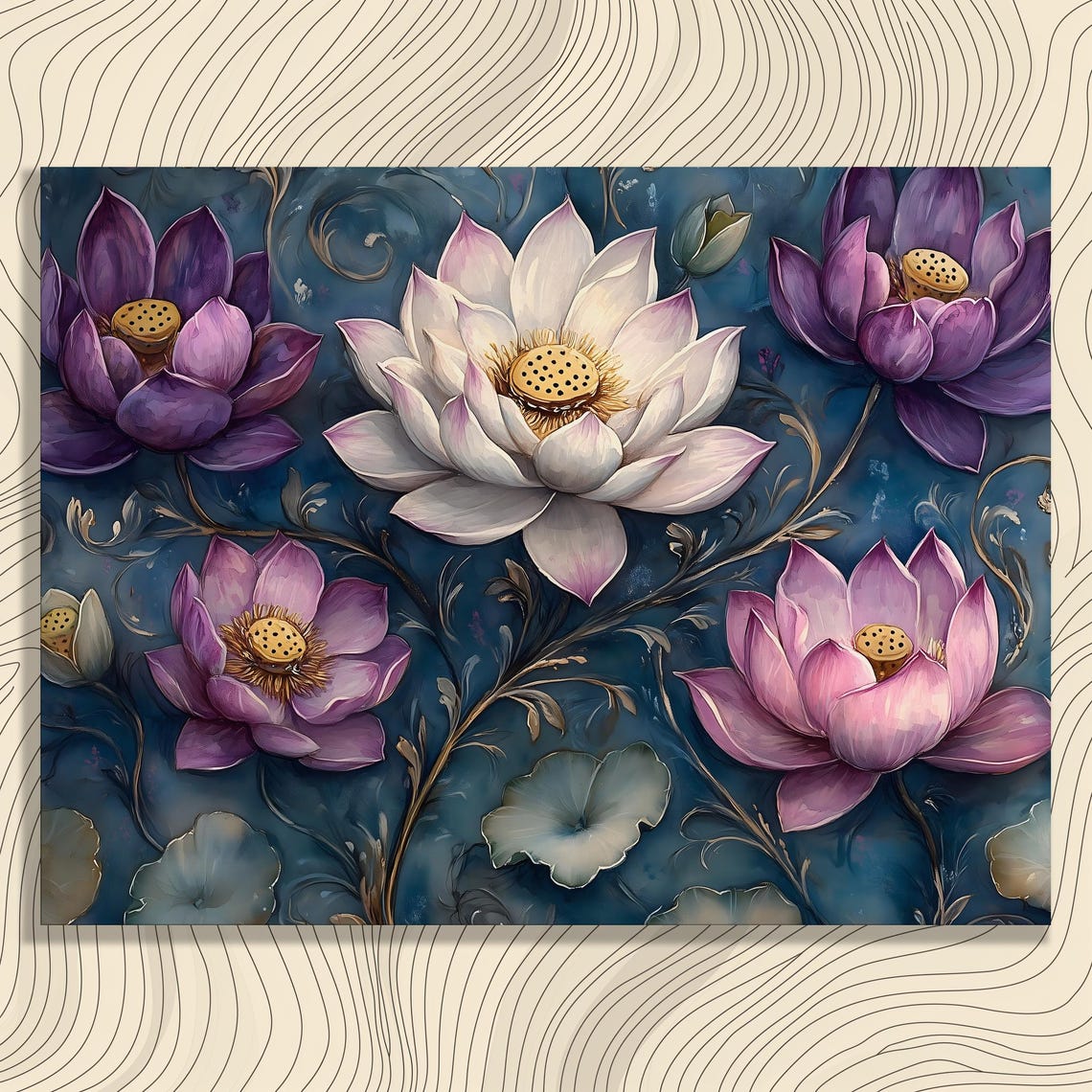 Lotus Flowers Purple White Deep Teal Ornamental Painting Wall Art