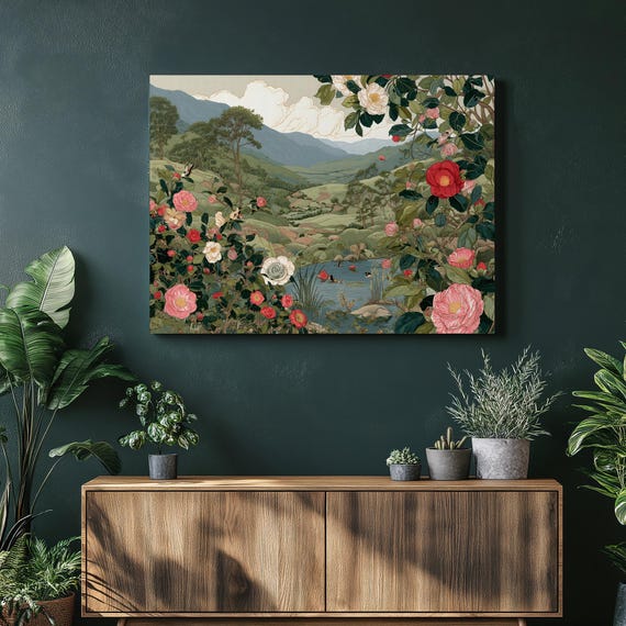 Colorful Floral Garden Canvas Wall Art Botanical Landscape Print With Roses Camellias Pond Birds Mountain Valley View Countryside Decor