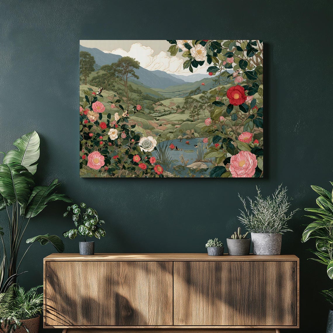 Camellia Valley Landscape Vintage Floral Mountain Scenery Poster