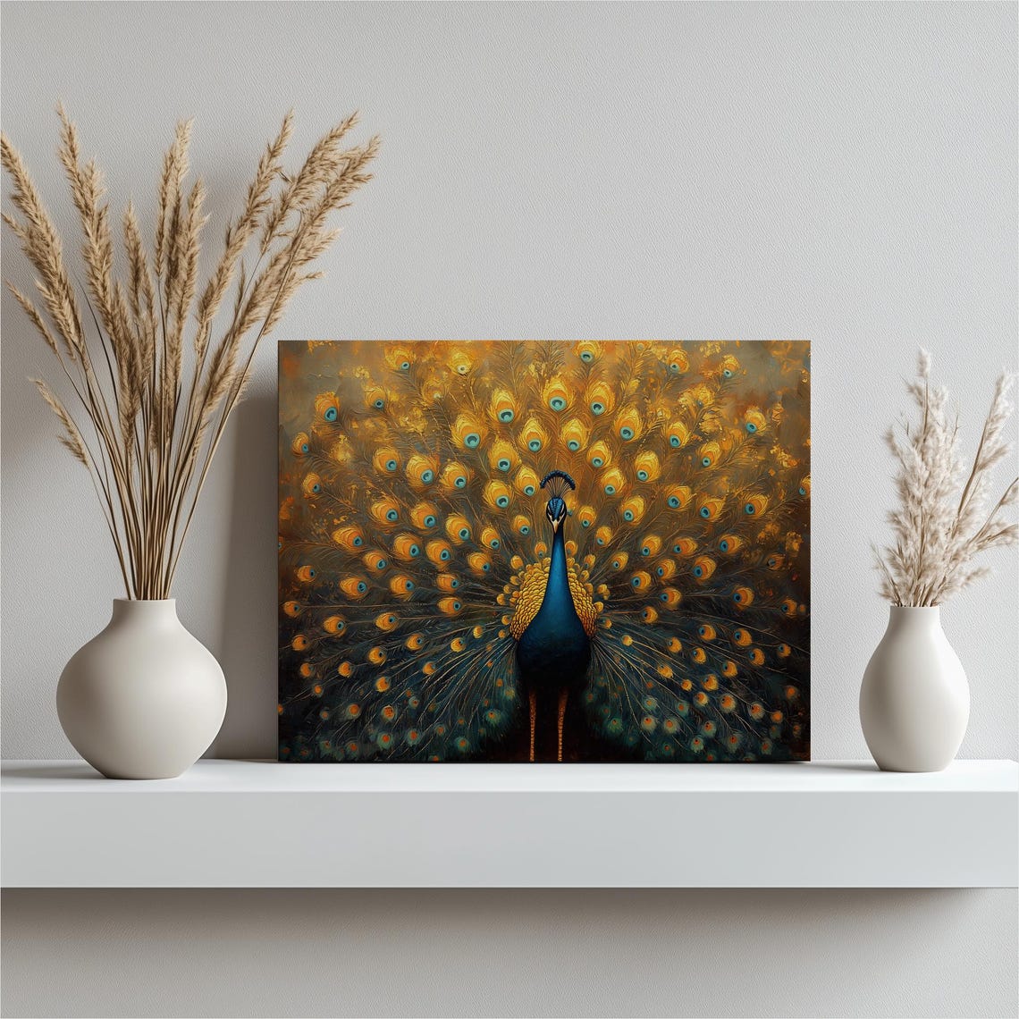 Golden Peacock Feather Display Vibrant Bird Wildlife Wall Art