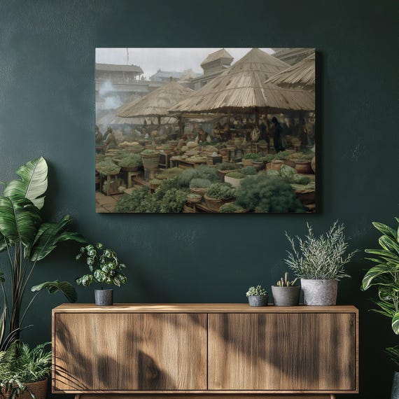 Farmers Market Canvas Wall Art Rustic Traditional Scene Painting Print With Woven Baskets Herbs Produce Country Decor Farmhouse Sty