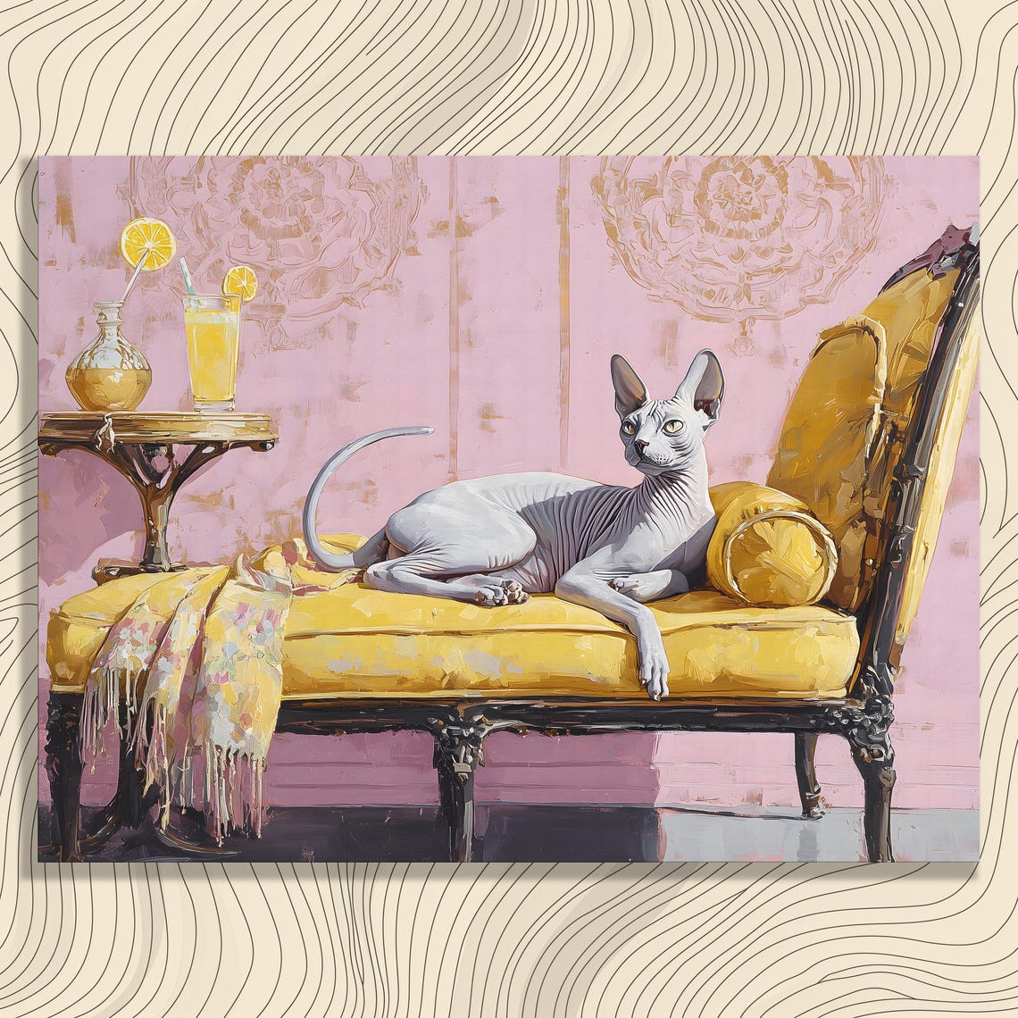 Sphynx Cat Lounging On Yellow Chaise Pink Boho Pet Portrait Poster