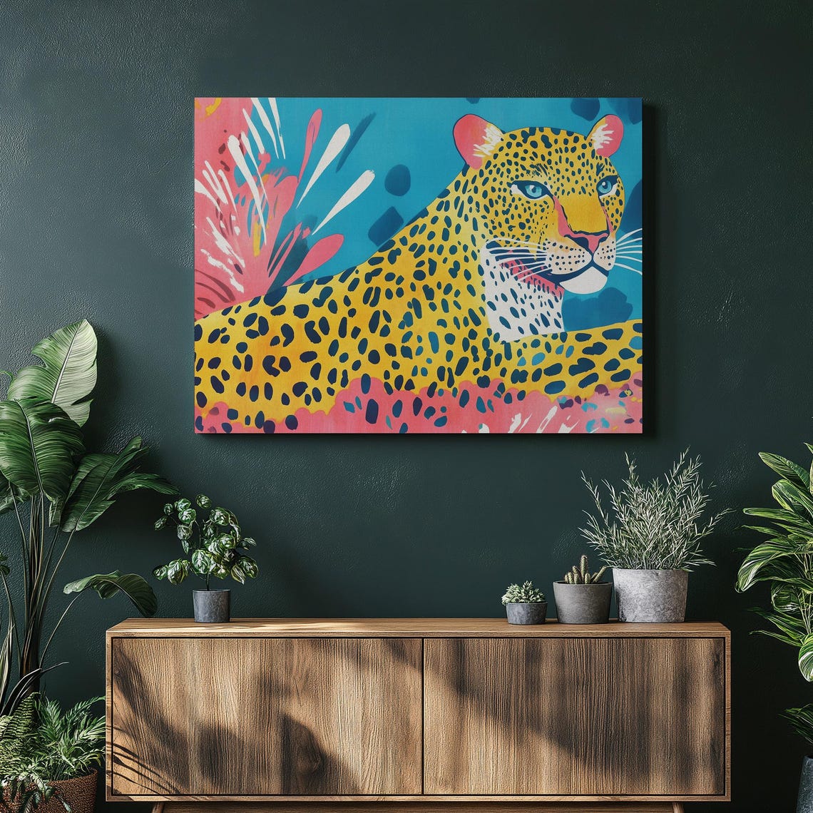 Bold Pop Art Leopard in Yellow Pink and Teal Wildlife Poster