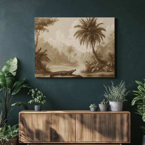 Vintage Crocodile Jungle Canvas Wall Art Sepia Tropical River With Palm Trees Wildlife Decor Nature Print