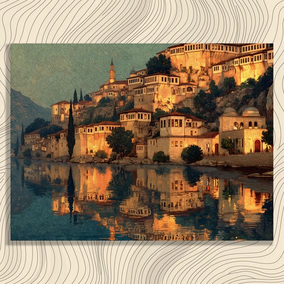Mediterranean Sunset Village Canvas Wall Art Colorful Waterfront Landscape Print With Tall Cypress Stone Dwellings And Lake Reflections