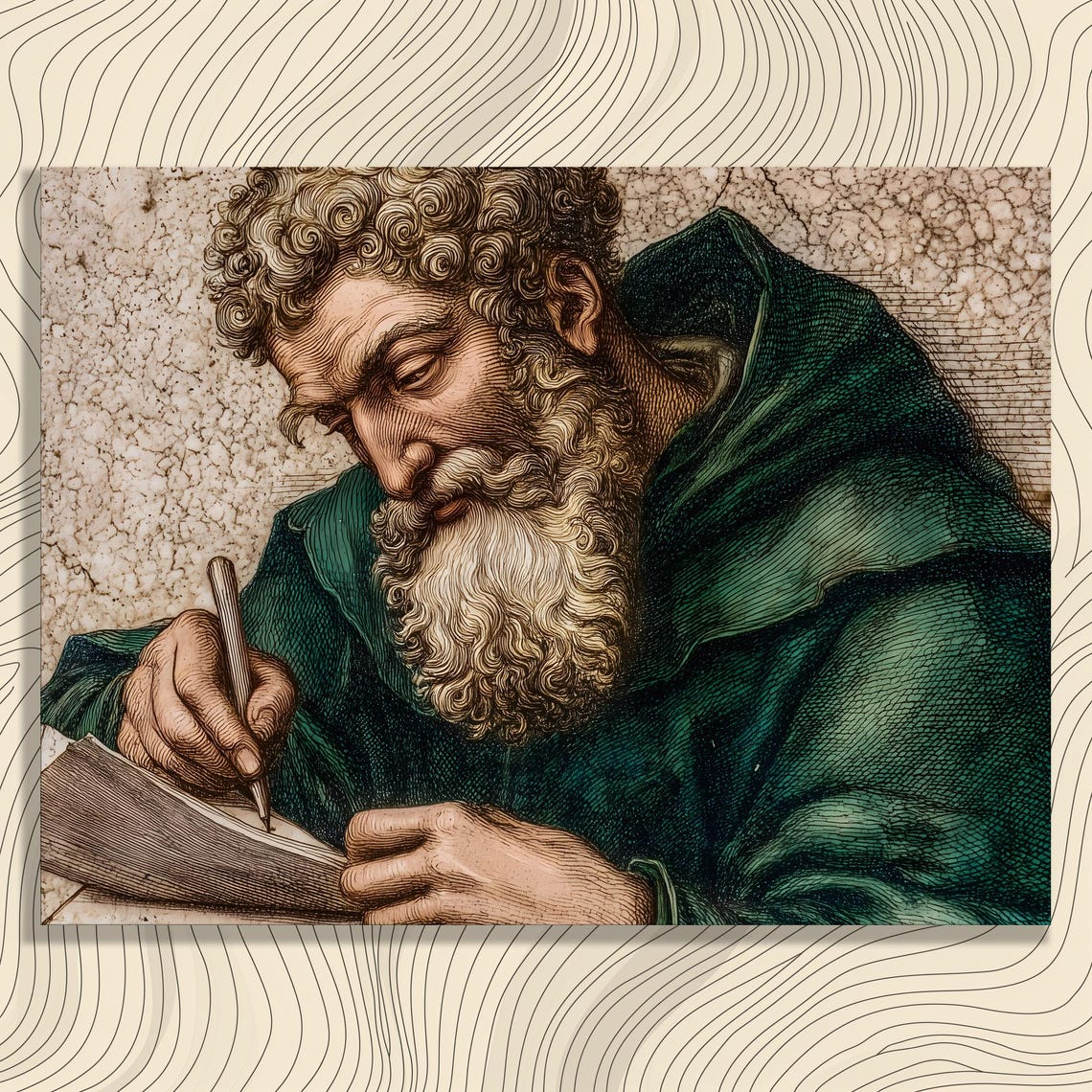 Renaissance Bearded Scholar Writing Engraving Style Portrait Poster