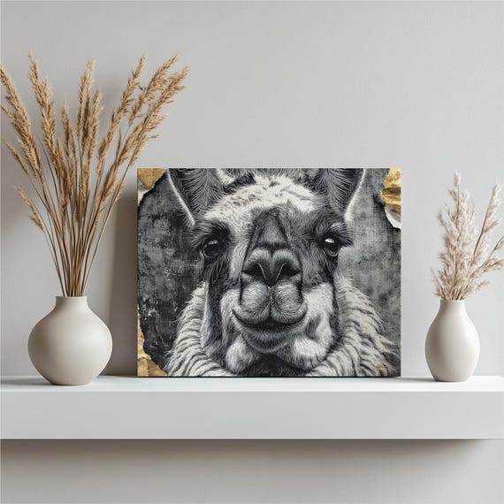 Playful Llama Canvas Wall Art Rustic Black White Animal Portrait Print Decor Farm Illustration Modern Line Drawing