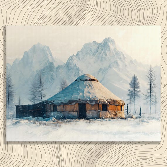 Serene Winter Yurt Canvas Wall Art Snowy Mountain Landscape Painting Rustic Primitive Traditional Decor Nature Lovers Collectors