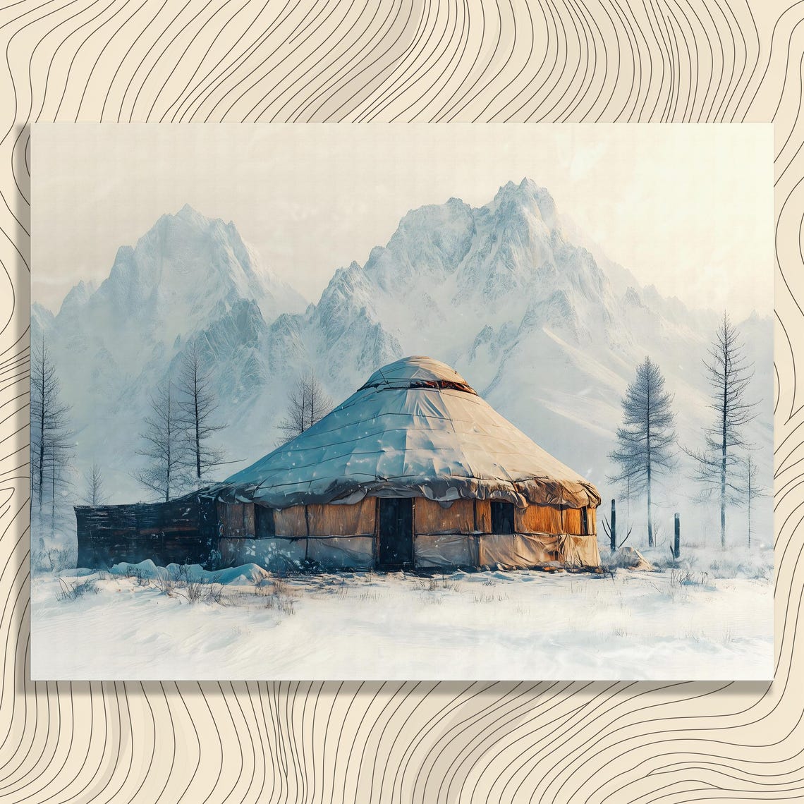 Snowy Yurt Mountain Cabin Winter Peaks Serene Landscape Poster