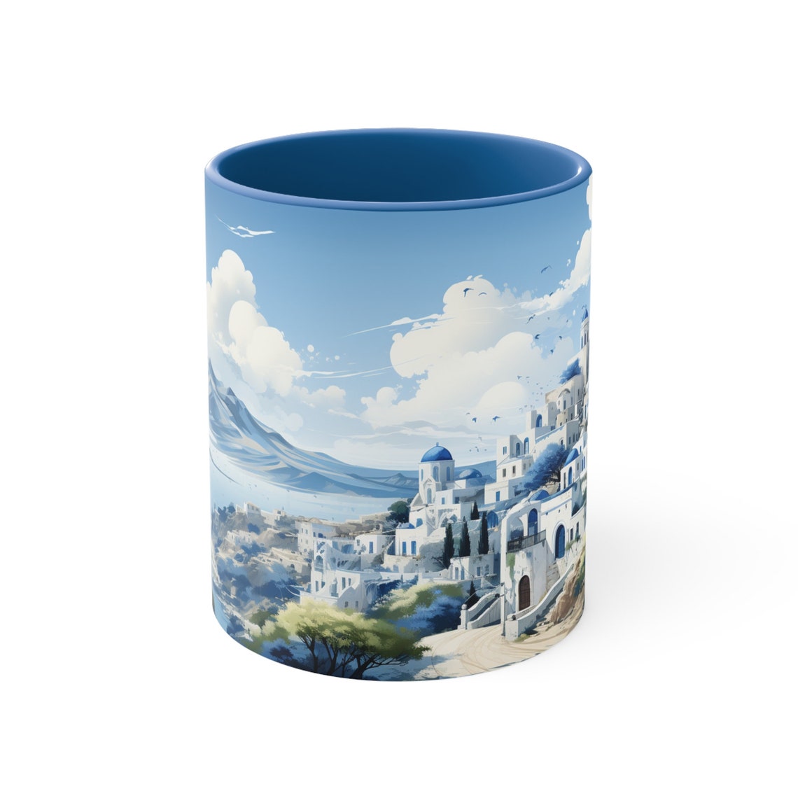 Santorini Greece Blue Dome Village Aegean Coast Mug Artwork Poster
