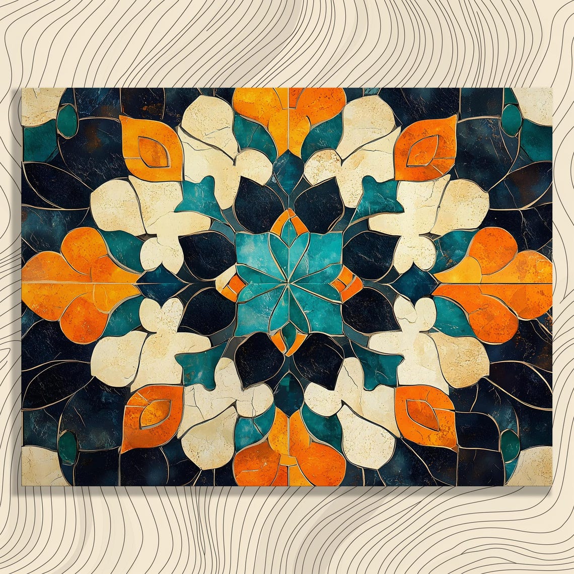 Geometric Teal Orange Moroccan Mosaic Mandala Pattern Wall Art