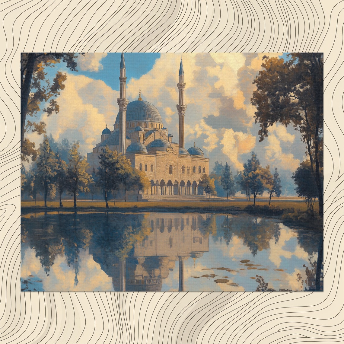 Afghanistan Mosque Dome Minaret Lake Reflection Golden Art Print