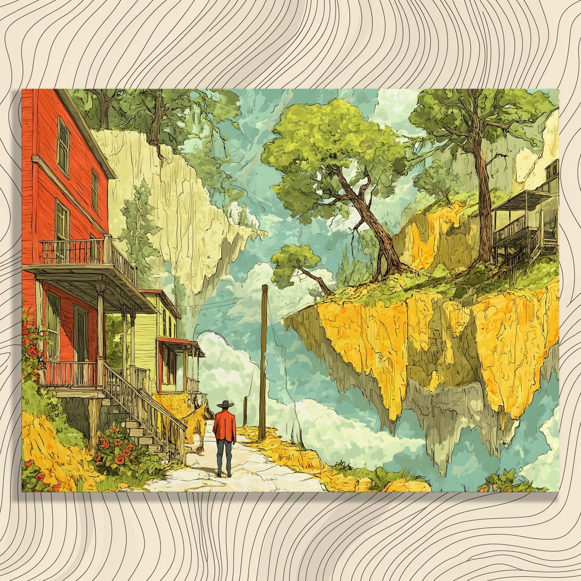 Surreal Floating Islands with Red House Fantasy Illustration Wall Art
