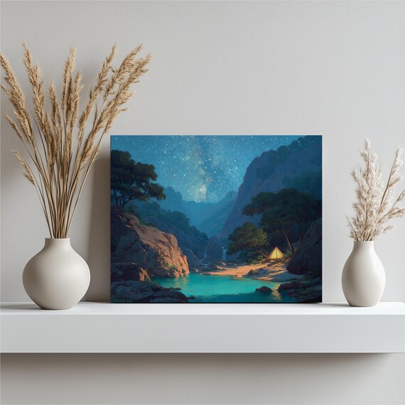 Starry Night Lakeside Camping Tent Milky Way Canvas Wall Art