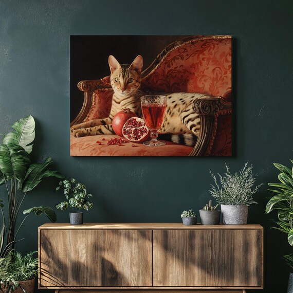Spotted Bengal Cat Lounging on a Red Victorian Chaise With Wine Poster