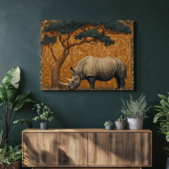 Rhinoceros Wildlife Canvas Wall Art Vintage Nouveau Print Ornate Golden Rhino Decor African Savanna Painting Floral Motif