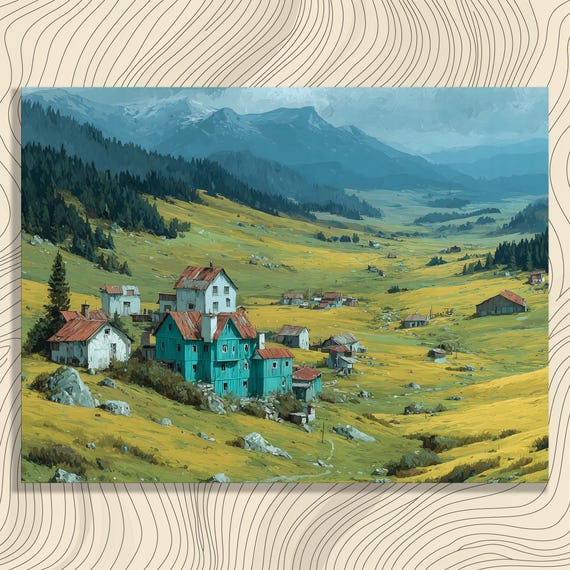 Serene Village Canvas Wall Art Vintage Landscape Painting Print Farm House Decor Green Countryside Nature Rustic Hills Sky Fields