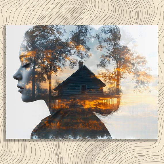 Double Exposure Canvas Wall Art Surreal Modern Silhouette Print Rustic Decor House Sunset Landscape Gift For Nature Lovers