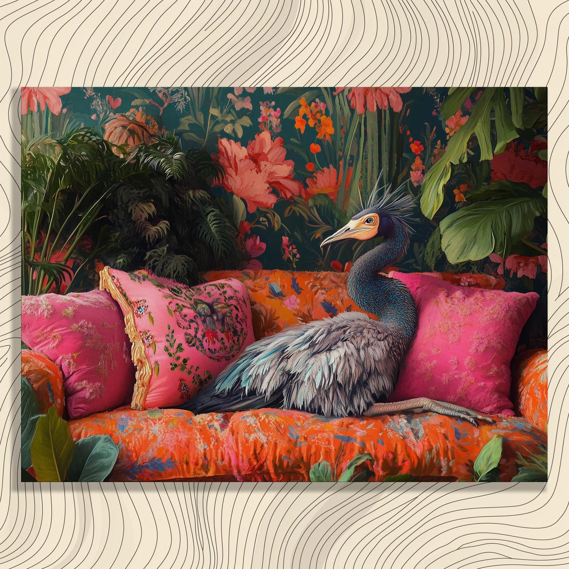 Emu On Colorful Floral Couch Lush Jungle Leaves Whimsical Bird Poster