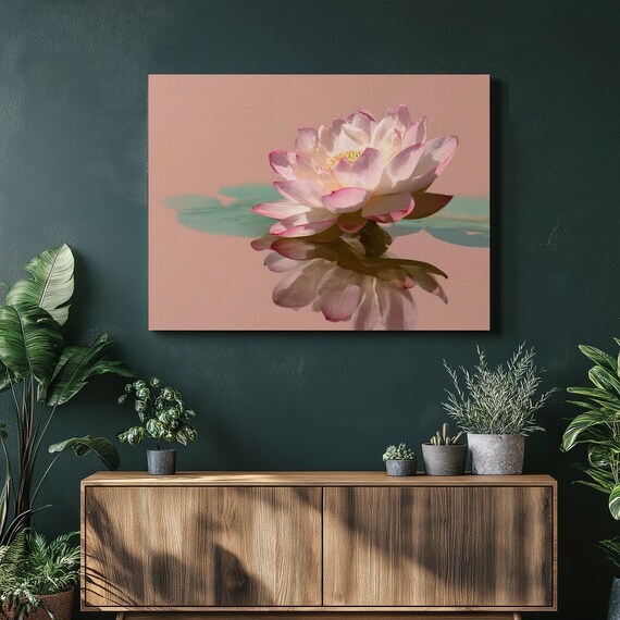 Flower Canvas Wall Art Serene Water Lily Reflection Pink Botanical Print Minimal Decor Zen Nature Photography Minimalist Gift