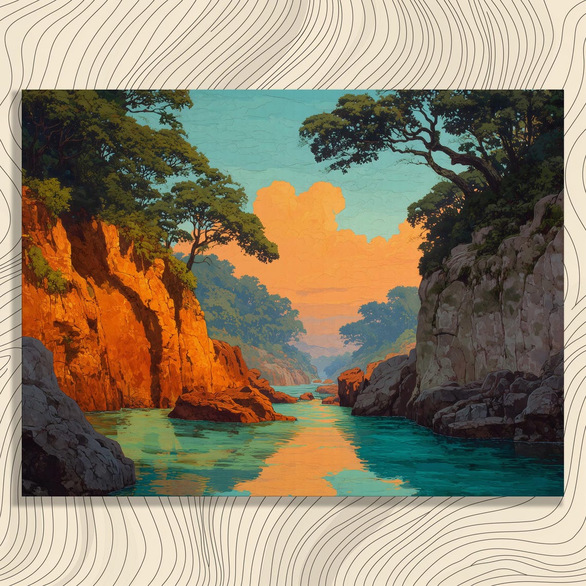 River Canyon Sunset Cliffs Poster Turquoise Water Vintage Style