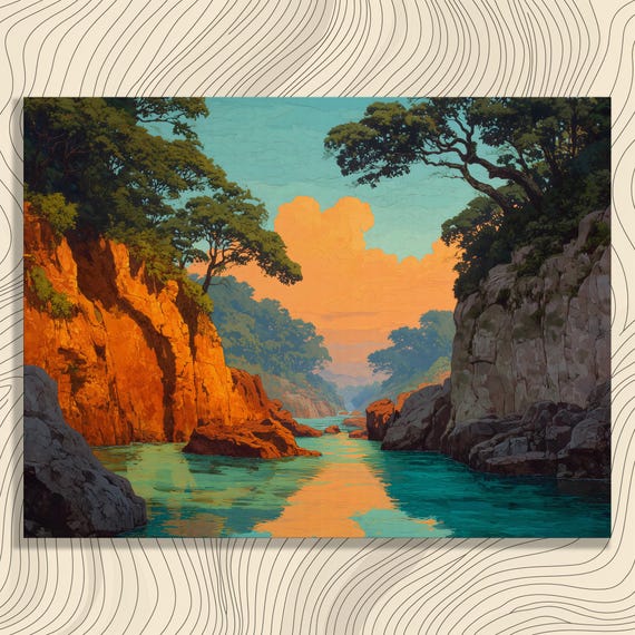 Vibrant River Canyon Canvas Wall Art Colorful Sunset Gorge Cliffs Trees Water Reflection Blue Sky Landscape Print Contemporary Nature