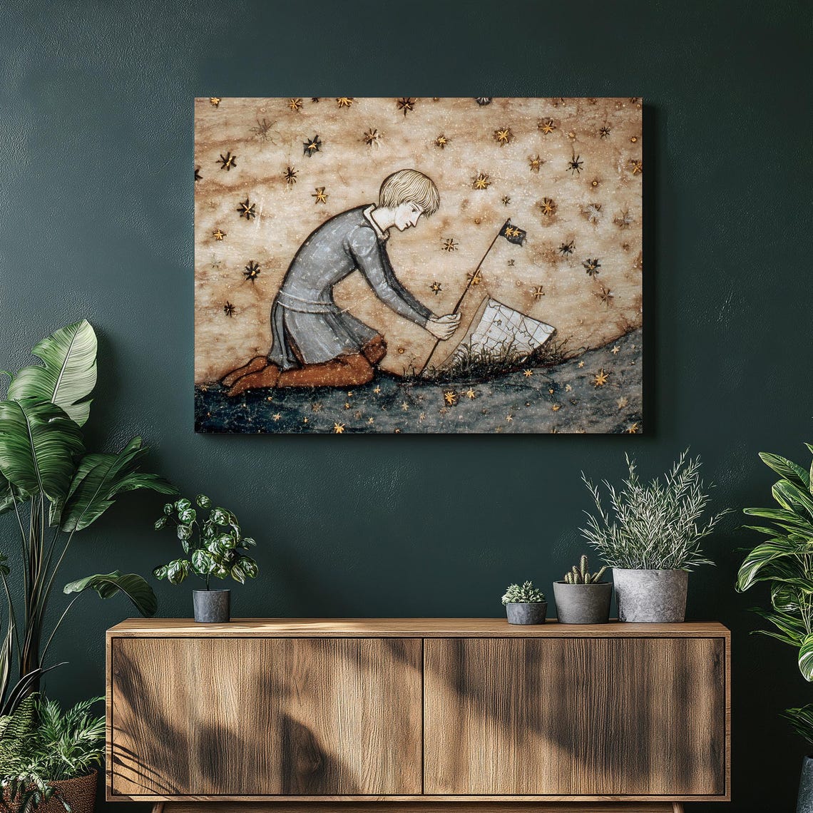 Blond Boy Planting Flag Under Starry Sky Medieval Style Poster