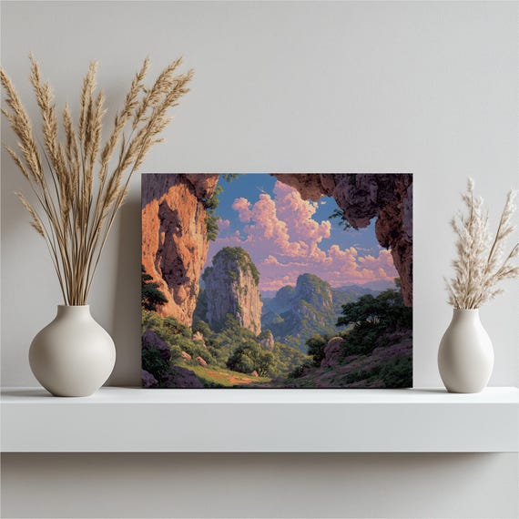 Colorful Mountain Landscape Canvas Wall Art Lush Valley Cliffs Forest Painting Rocky Cave Entrance Sunset Sky