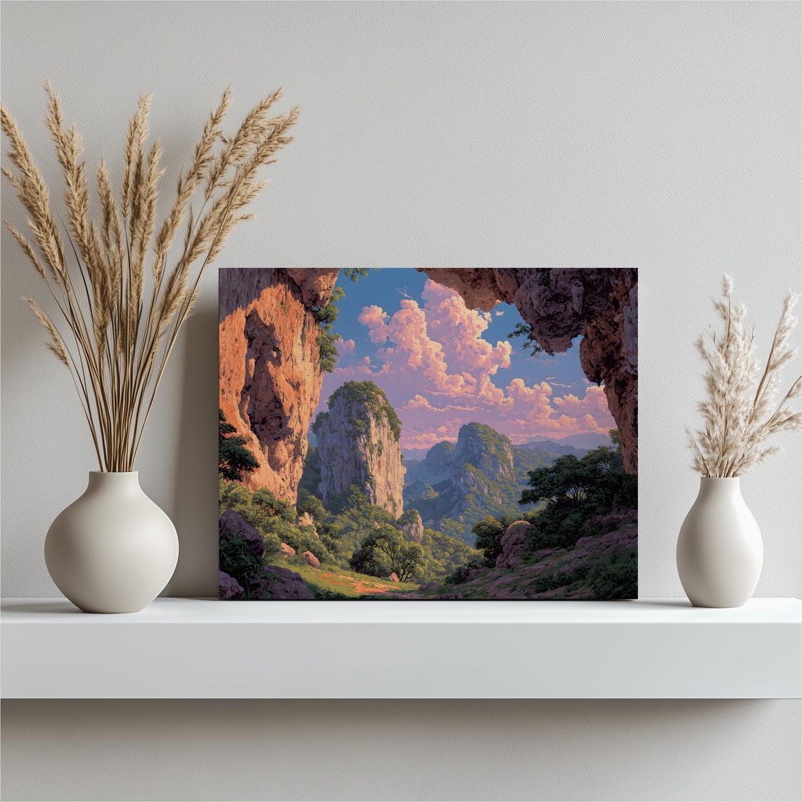 Dramatic Cliffside Valley Pink Cloud Sunset Oil Painting Poster
