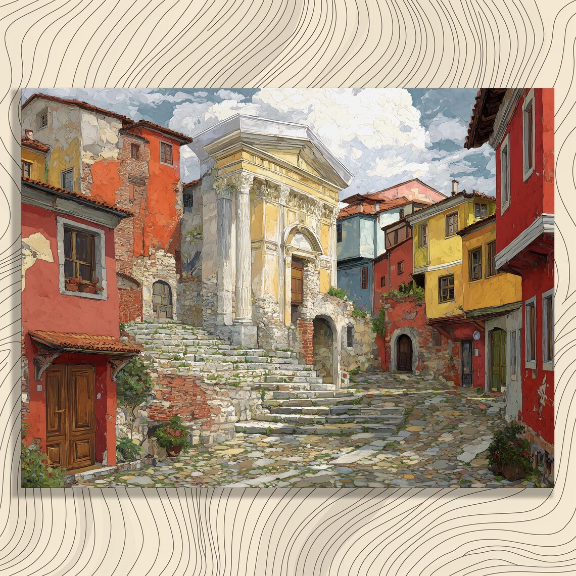 Colorful European Old Town Cobblestone Street and Church Art Poster
