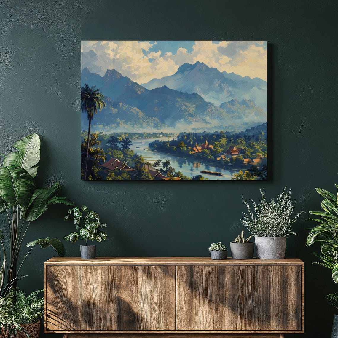 Serene Tropical River Village Misty Mountain Landscape Art Poster