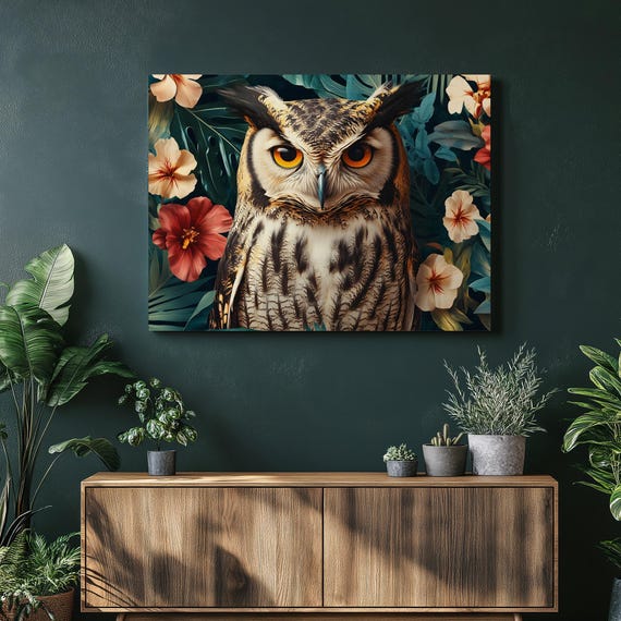 Horned Owl Canvas Wall Art Botanical Jungle Floral Print With Tropical Leaves Detailed Wildlife Illustration Nature Decor And Gift