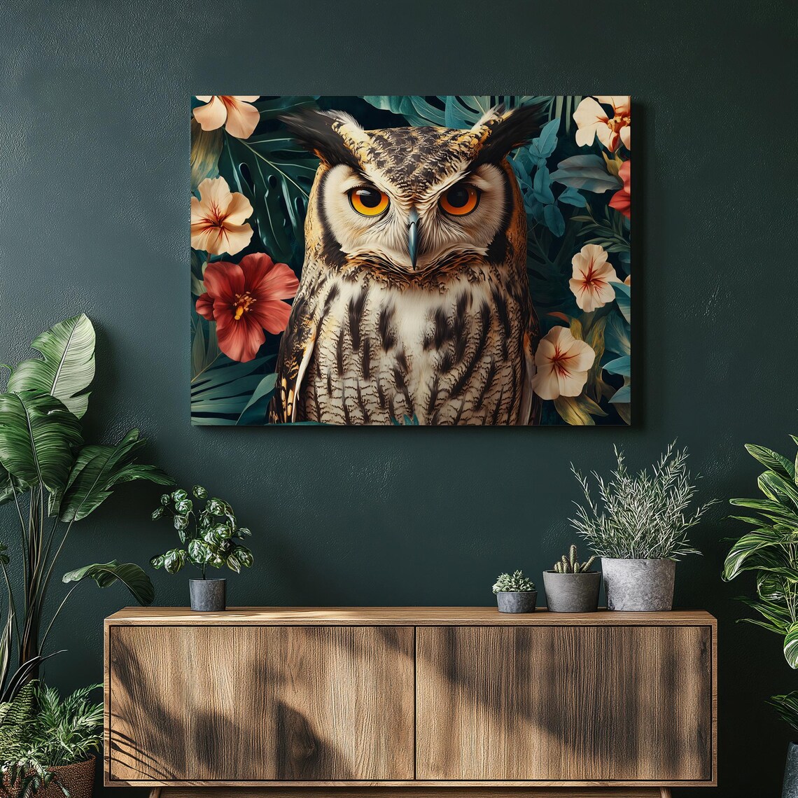 Horned Owl Tropical Flowers Poster Botanical Jungle Bird Portrait Art