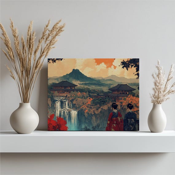 South Korea Jeju Island Canvas Art Traditional Hanbok Women Overlooking Waterfall Mountains In Autumn Foliage Colorful Decor